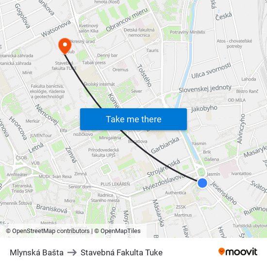 Mlynská Bašta to Stavebná Fakulta Tuke map