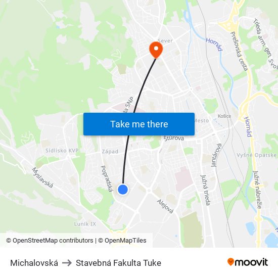 Michalovská to Stavebná Fakulta Tuke map