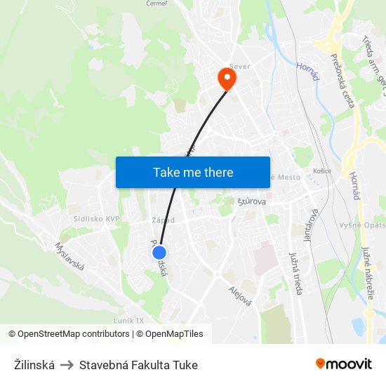 Žilinská to Stavebná Fakulta Tuke map