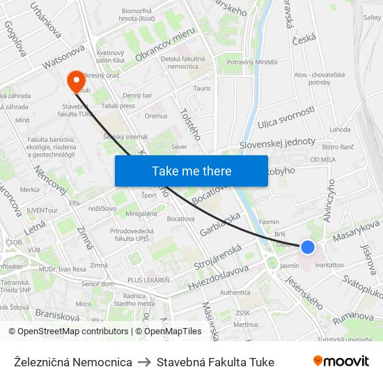 Železničná Nemocnica to Stavebná Fakulta Tuke map