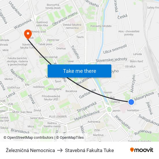 Železničná Nemocnica to Stavebná Fakulta Tuke map