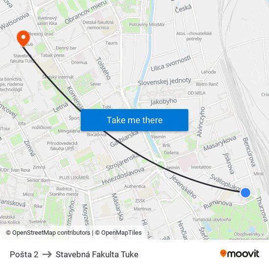 Pošta 2 to Stavebná Fakulta Tuke map