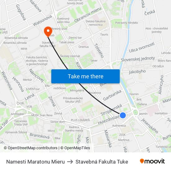 Namesti Maratonu Mieru to Stavebná Fakulta Tuke map