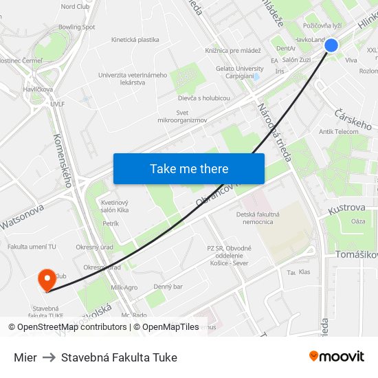 Mier to Stavebná Fakulta Tuke map