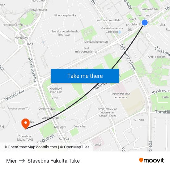 Mier to Stavebná Fakulta Tuke map