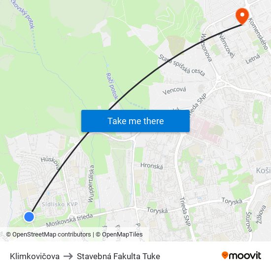 Klimkovičova to Stavebná Fakulta Tuke map