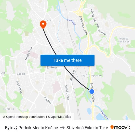 Bytový Podnik Mesta Košice to Stavebná Fakulta Tuke map