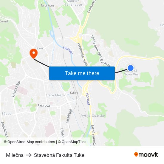 Mliečna to Stavebná Fakulta Tuke map