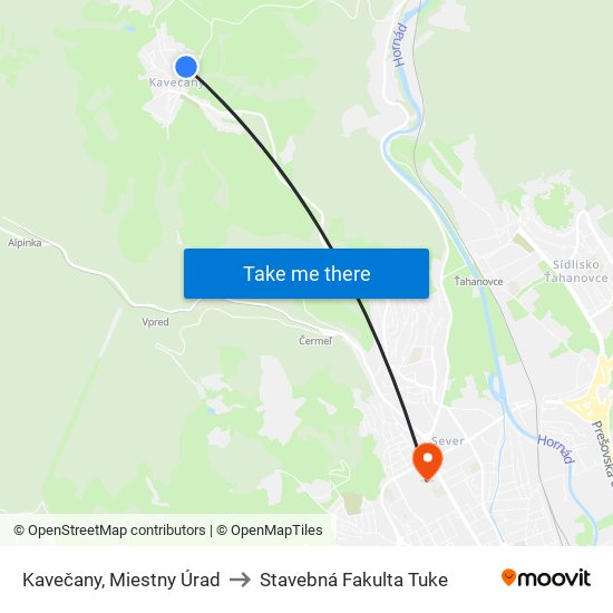 Kavečany, Miestny Úrad to Stavebná Fakulta Tuke map