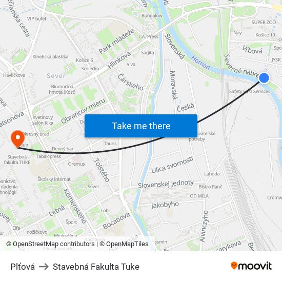 Plťová to Stavebná Fakulta Tuke map