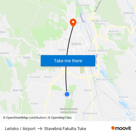 Letisko / Airport to Stavebná Fakulta Tuke map