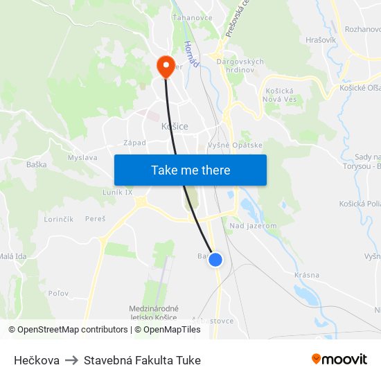 Hečkova to Stavebná Fakulta Tuke map