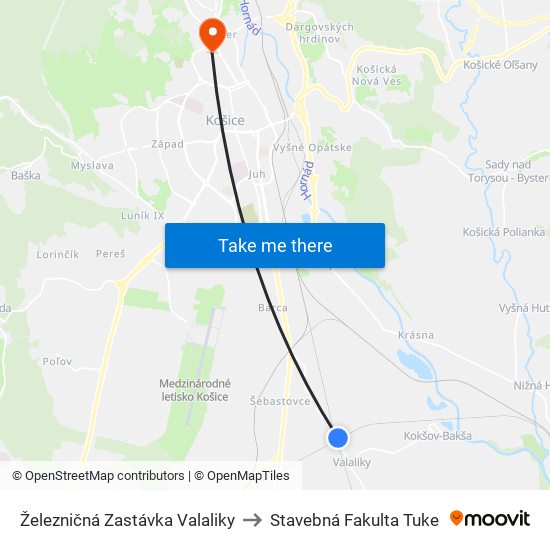 Železničná Zastávka Valaliky to Stavebná Fakulta Tuke map