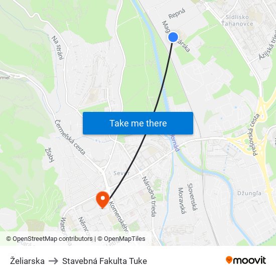 Želiarska to Stavebná Fakulta Tuke map