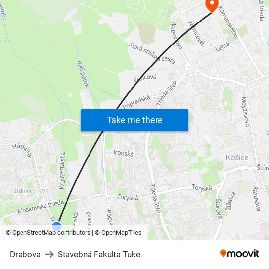 Drabova to Stavebná Fakulta Tuke map