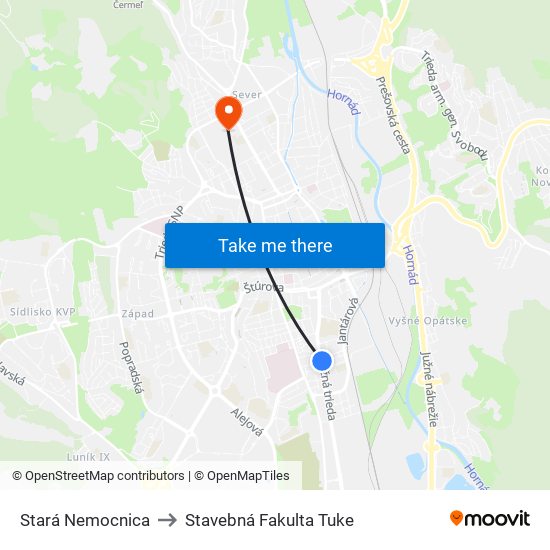 Stará Nemocnica to Stavebná Fakulta Tuke map