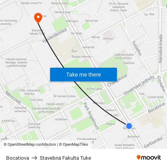 Bocatiova to Stavebná Fakulta Tuke map