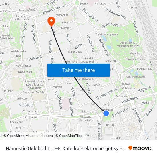 Námestie Osloboditeľov to Katedra Elektroenergetiky – Tuke map