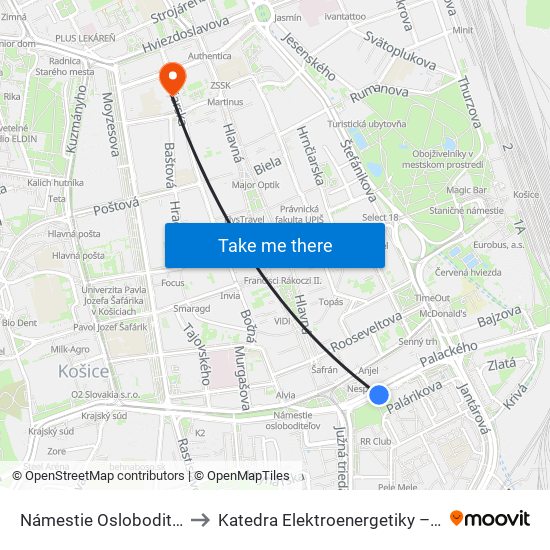 Námestie Osloboditeľov to Katedra Elektroenergetiky – Tuke map