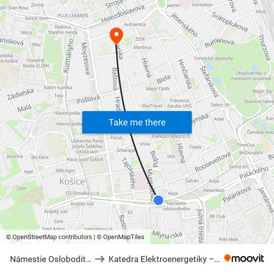 Námestie Osloboditeľov to Katedra Elektroenergetiky – Tuke map