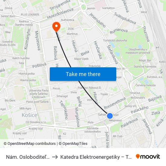 Nám. Osloboditeľov to Katedra Elektroenergetiky – Tuke map