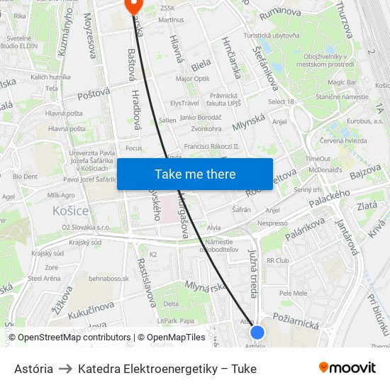 Astória to Katedra Elektroenergetiky – Tuke map