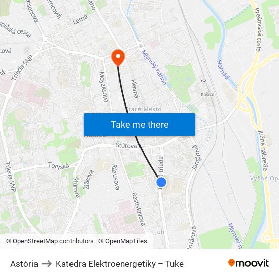 Astória to Katedra Elektroenergetiky – Tuke map