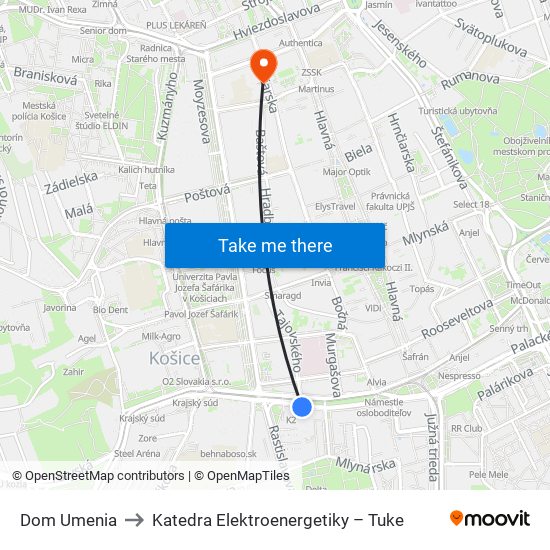 Dom Umenia to Katedra Elektroenergetiky – Tuke map