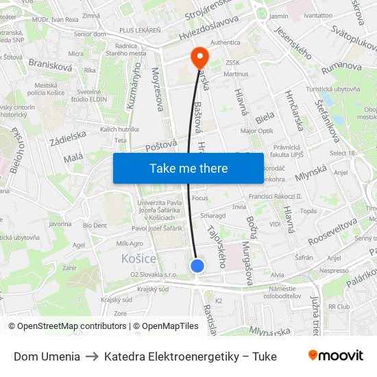 Dom Umenia to Katedra Elektroenergetiky – Tuke map