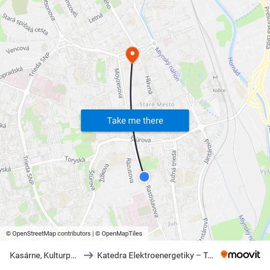 Kasárne, Kulturpark to Katedra Elektroenergetiky – Tuke map