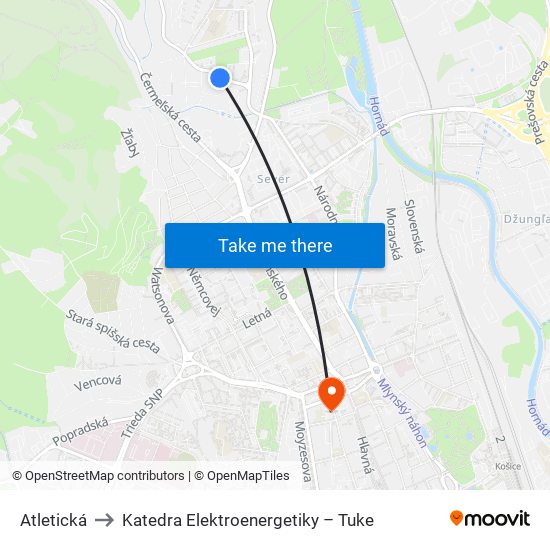 Atletická to Katedra Elektroenergetiky – Tuke map