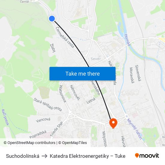 Suchodolínská to Katedra Elektroenergetiky – Tuke map