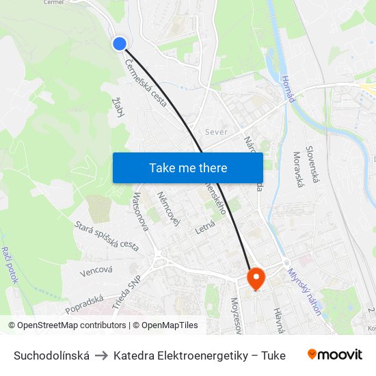 Suchodolínská to Katedra Elektroenergetiky – Tuke map