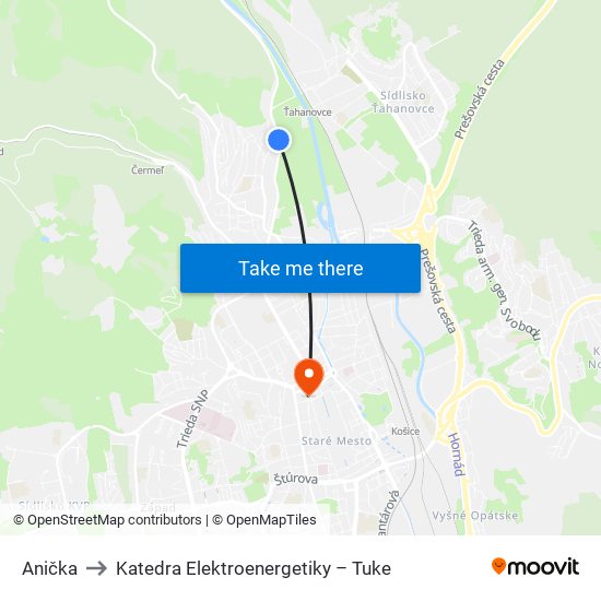 Anička to Katedra Elektroenergetiky – Tuke map