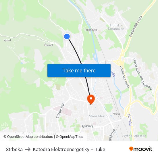 Štrbská to Katedra Elektroenergetiky – Tuke map