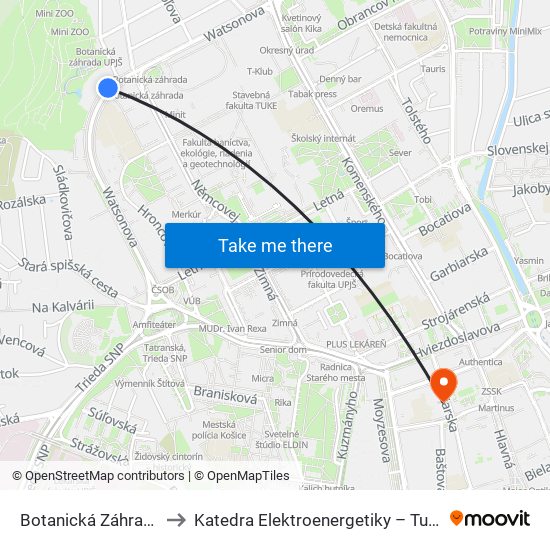 Botanická Záhrada to Katedra Elektroenergetiky – Tuke map