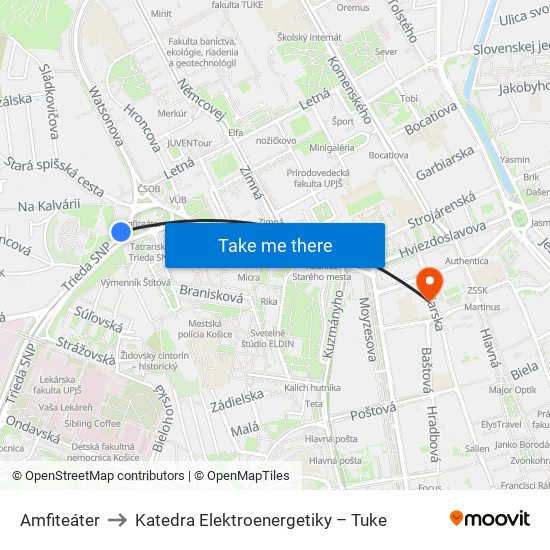 Amfiteáter to Katedra Elektroenergetiky – Tuke map