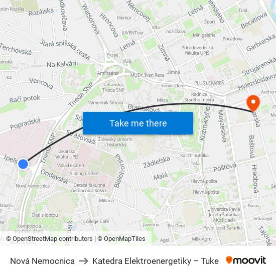 Nová Nemocnica to Katedra Elektroenergetiky – Tuke map