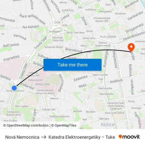 Nová Nemocnica to Katedra Elektroenergetiky – Tuke map