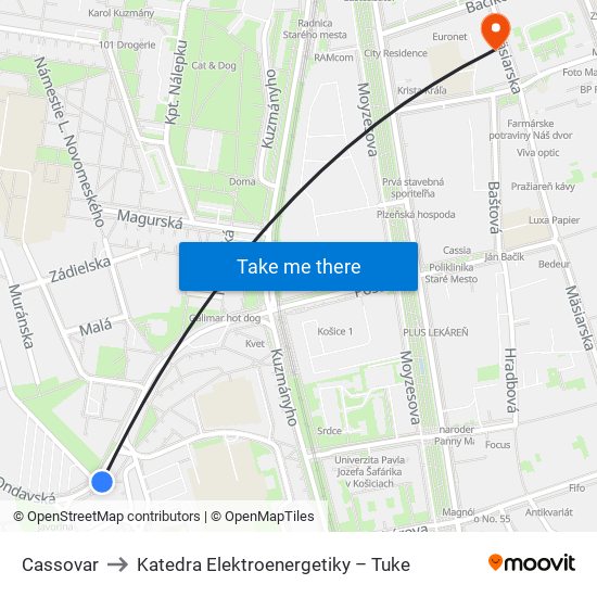 Cassovar to Katedra Elektroenergetiky – Tuke map