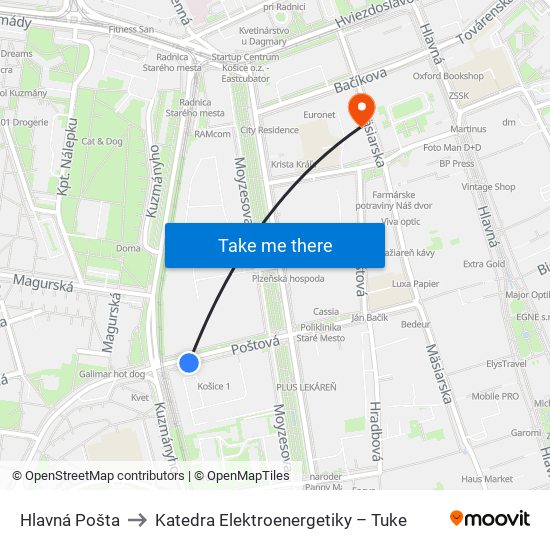 Hlavná Pošta to Katedra Elektroenergetiky – Tuke map