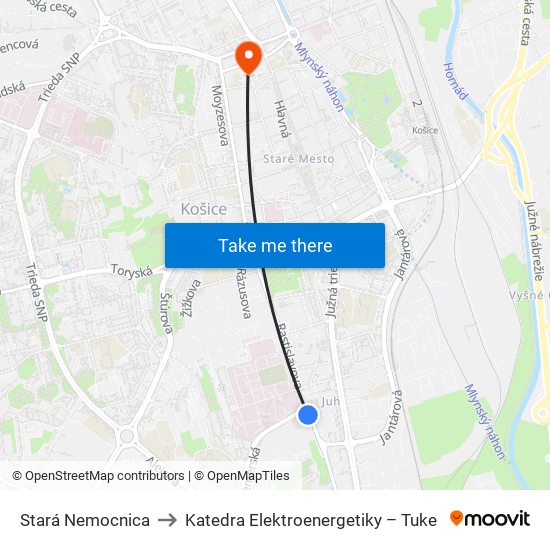 Stará Nemocnica to Katedra Elektroenergetiky – Tuke map