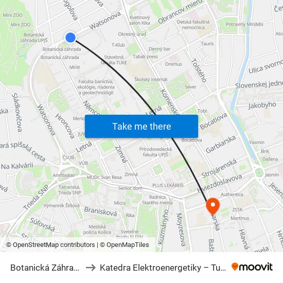 Botanická Záhrada to Katedra Elektroenergetiky – Tuke map