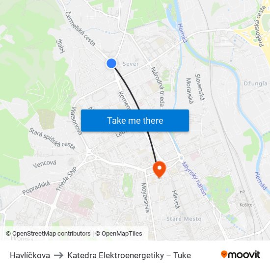 Havlíčkova to Katedra Elektroenergetiky – Tuke map