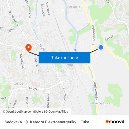 Sečovská to Katedra Elektroenergetiky – Tuke map