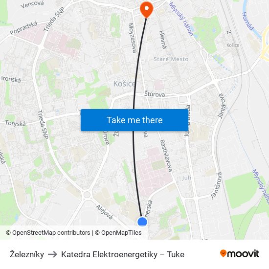 Železníky to Katedra Elektroenergetiky – Tuke map