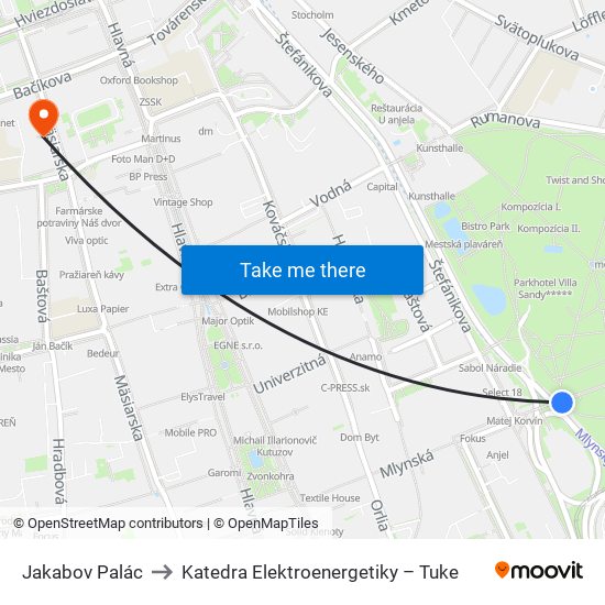 Jakabov Palác to Katedra Elektroenergetiky – Tuke map