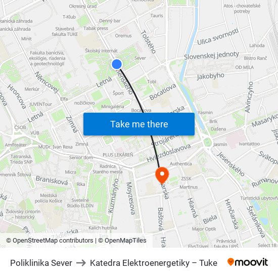 Poliklinika Sever to Katedra Elektroenergetiky – Tuke map