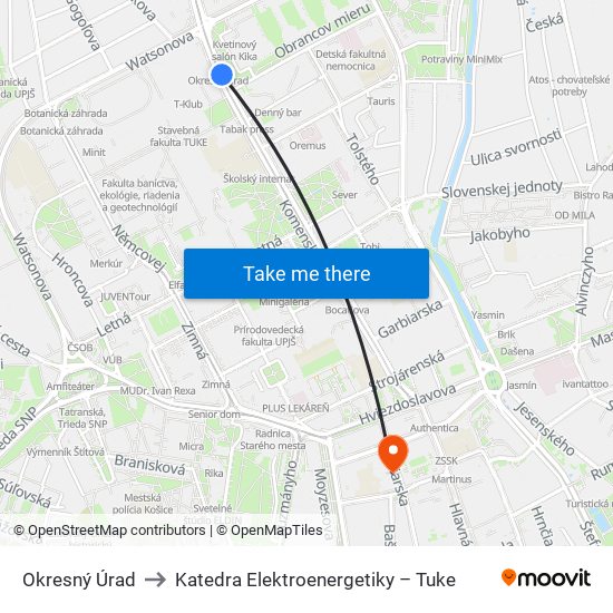 Okresný Úrad to Katedra Elektroenergetiky – Tuke map