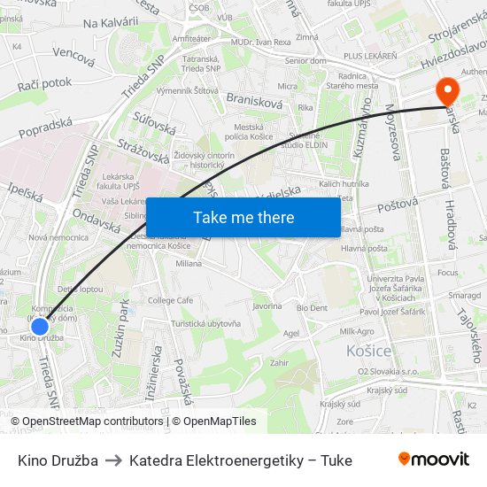 Kino Družba to Katedra Elektroenergetiky – Tuke map